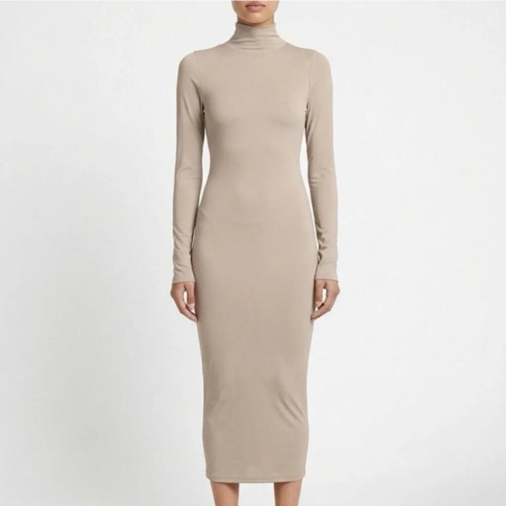 NWT Honor The Gift Clay Beige Long Sleeve Mock Neck Bodycon Midi Dress Size M